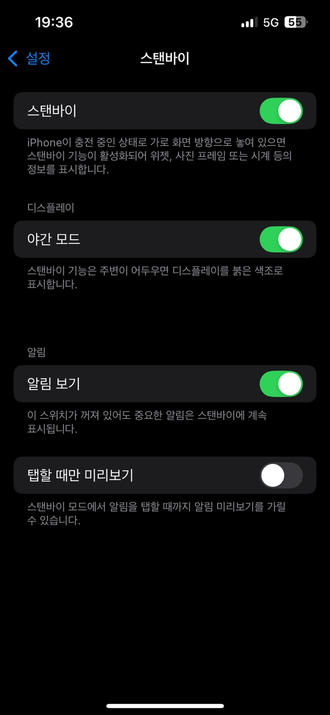 아이폰 스탠바이 모드와 항상 켜기 기능 설정창